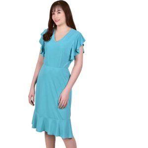 NY COLLECTION SHORT FLUTTER SLEEVE KNIT CREPE DRESS
